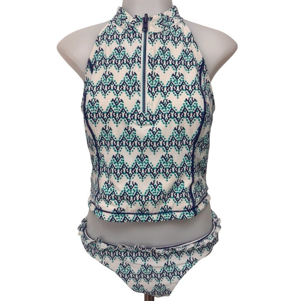 Vineyard Vines Reversible Top and bottoms Geowave Print Navy Blue Aqua Ruffle
